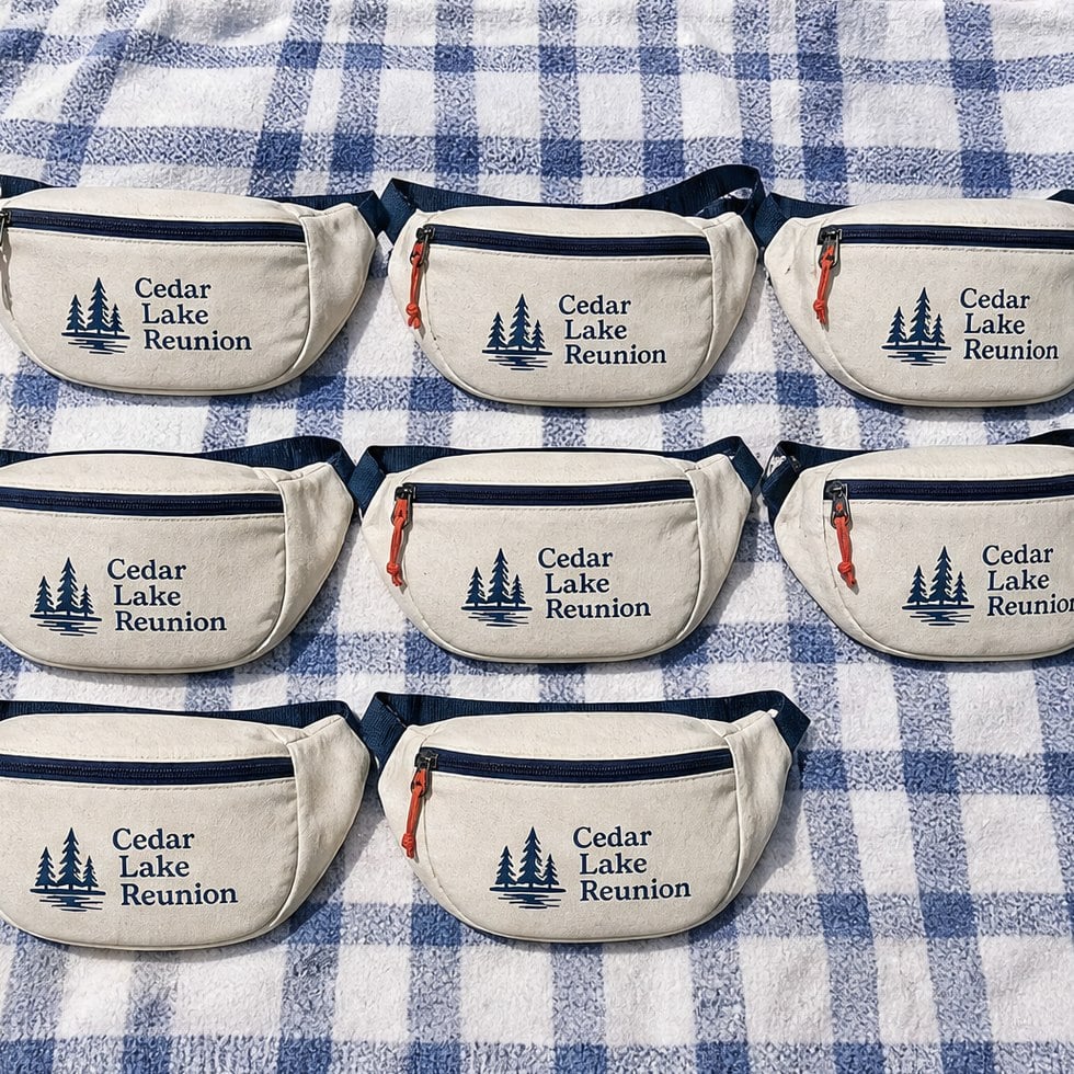 Matching custom fanny packs laid out for a group